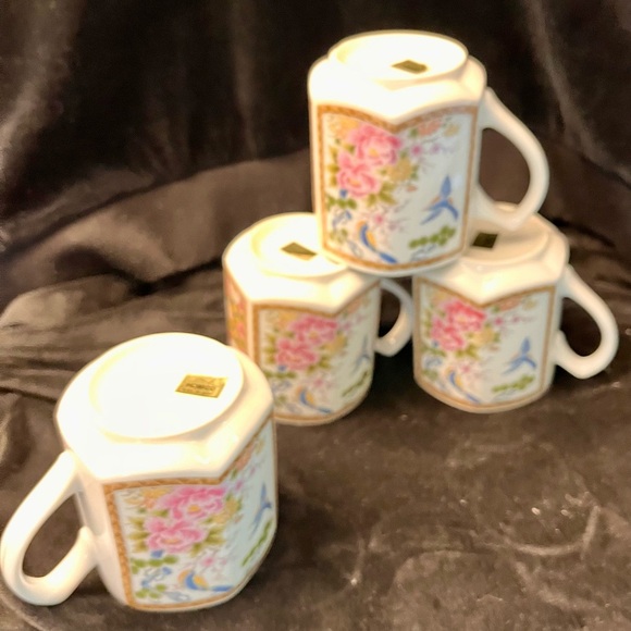 Homco Japan 4 Mugs Cups Hexagon Gilded Peonies Bluebirds Bridgerton China Gift - Picture 10 of 17